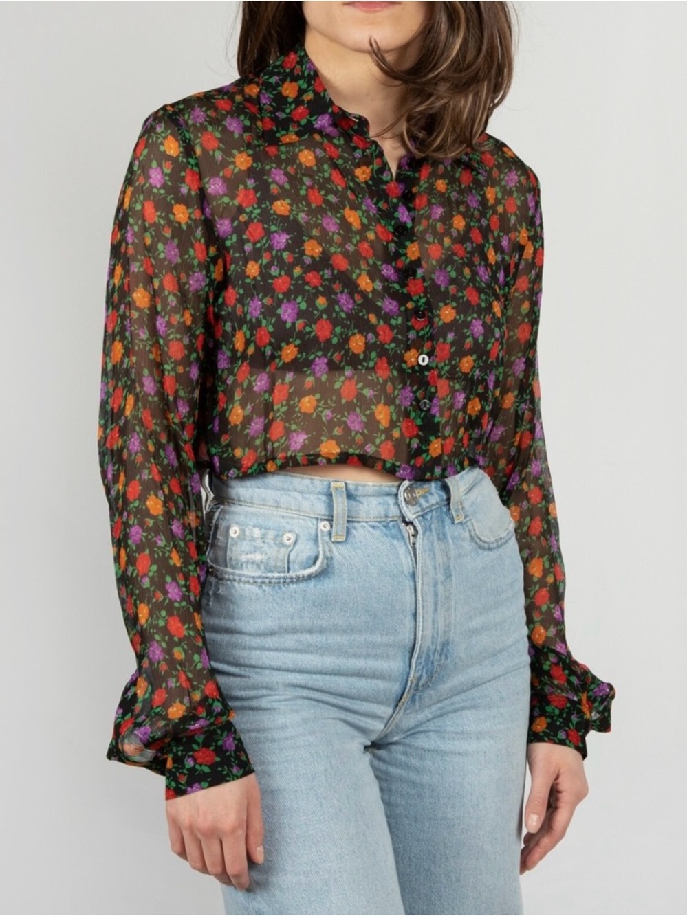 The Kooples BLACK SILK SHIRT WITH FLORAL PRINT Size 1